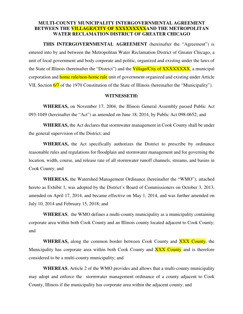 Multi-County Municipality Intergovernmental Agreement Between the Village/City of Xxxxxxxxxand the Metropolitan Water Reclamation District of Greater Chicago