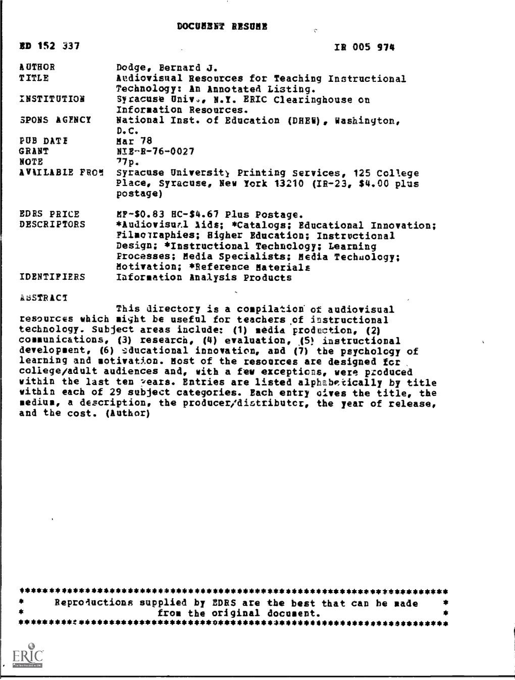 Awiilabie from Document Resume Ir 005 974