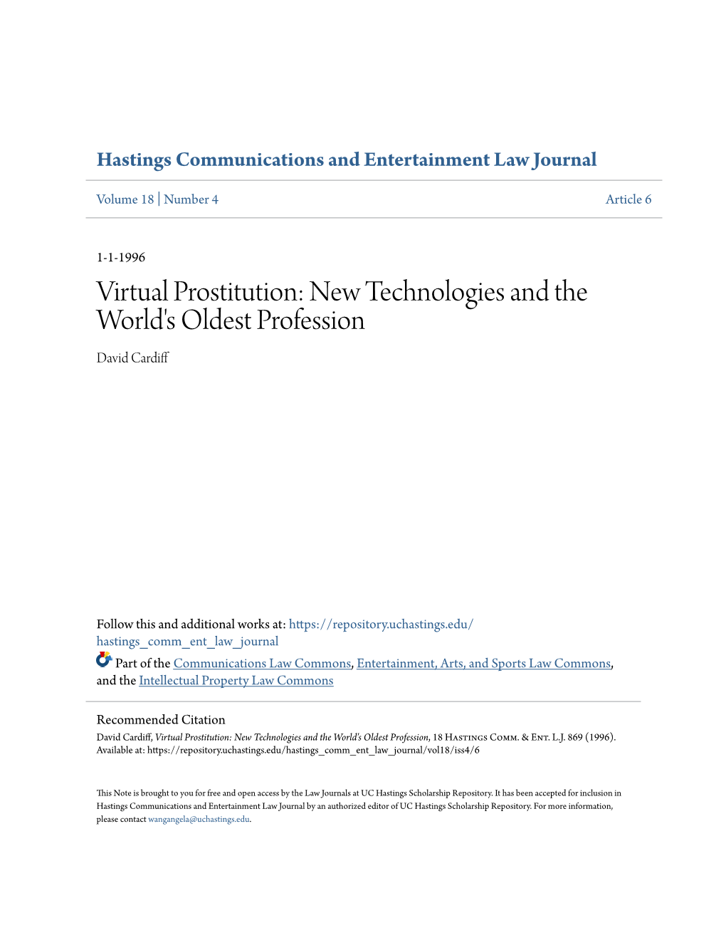 Virtual Prostitution: New Technologies and the World's Oldest Profession David Cardiff