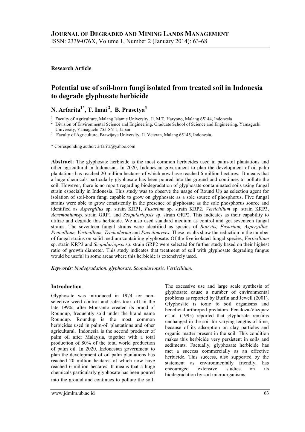 Potential Use of Soil-Born Fungi Isolated from Treated Soil in Indonesia to Degrade Glyphosate Herbicide