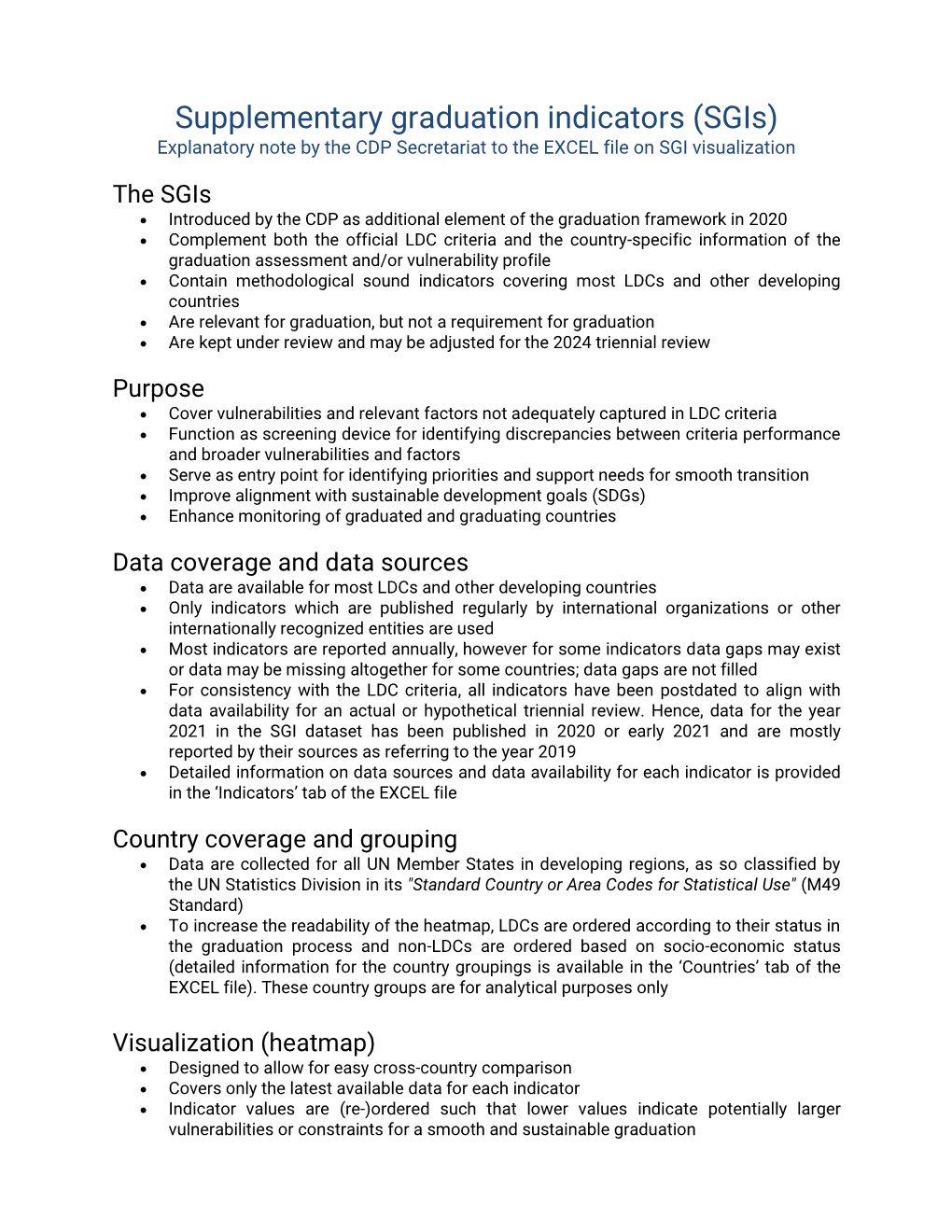 Supplementary Graduation Indicators (Sgis) Explanatory Note by the CDP Secretariat to the EXCEL File on SGI Visualization