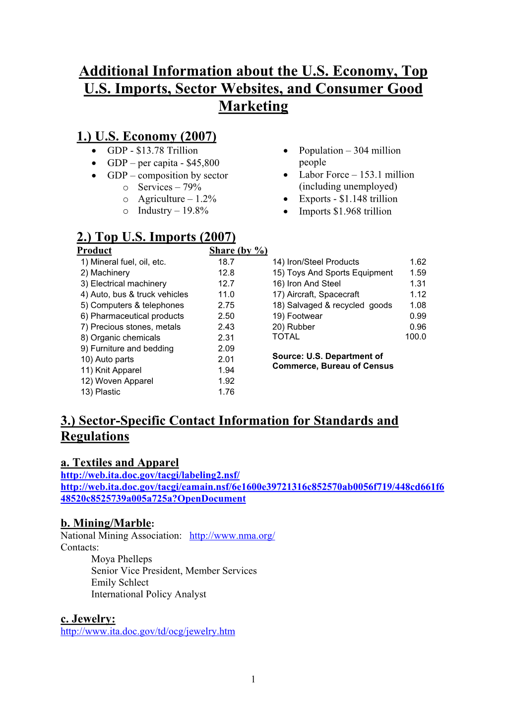 Additional Information About the U.S. Economy, Top U.S. Imports, Sector Websites, and Consumer Good Marketing