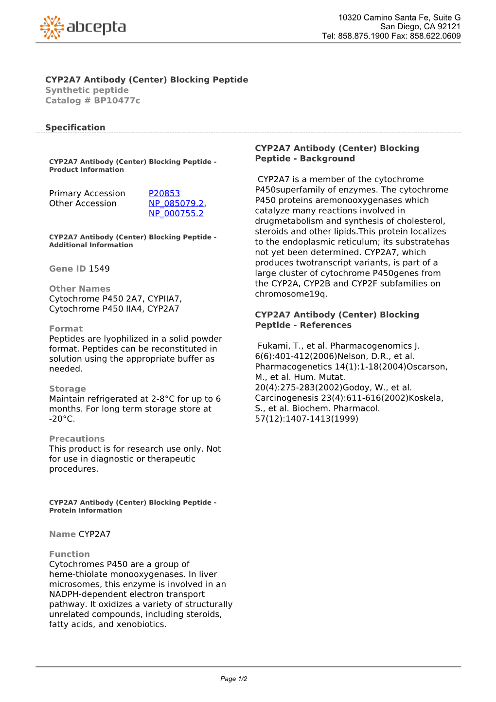 CYP2A7 Antibody (Center) Blocking Peptide Synthetic Peptide Catalog # Bp10477c