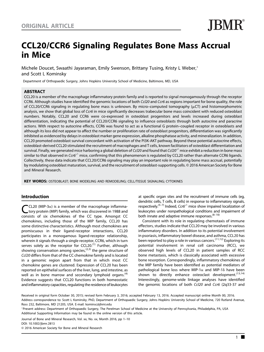 CCL20/CCR6 Signaling Regulates Bone Mass Accrual in Mice