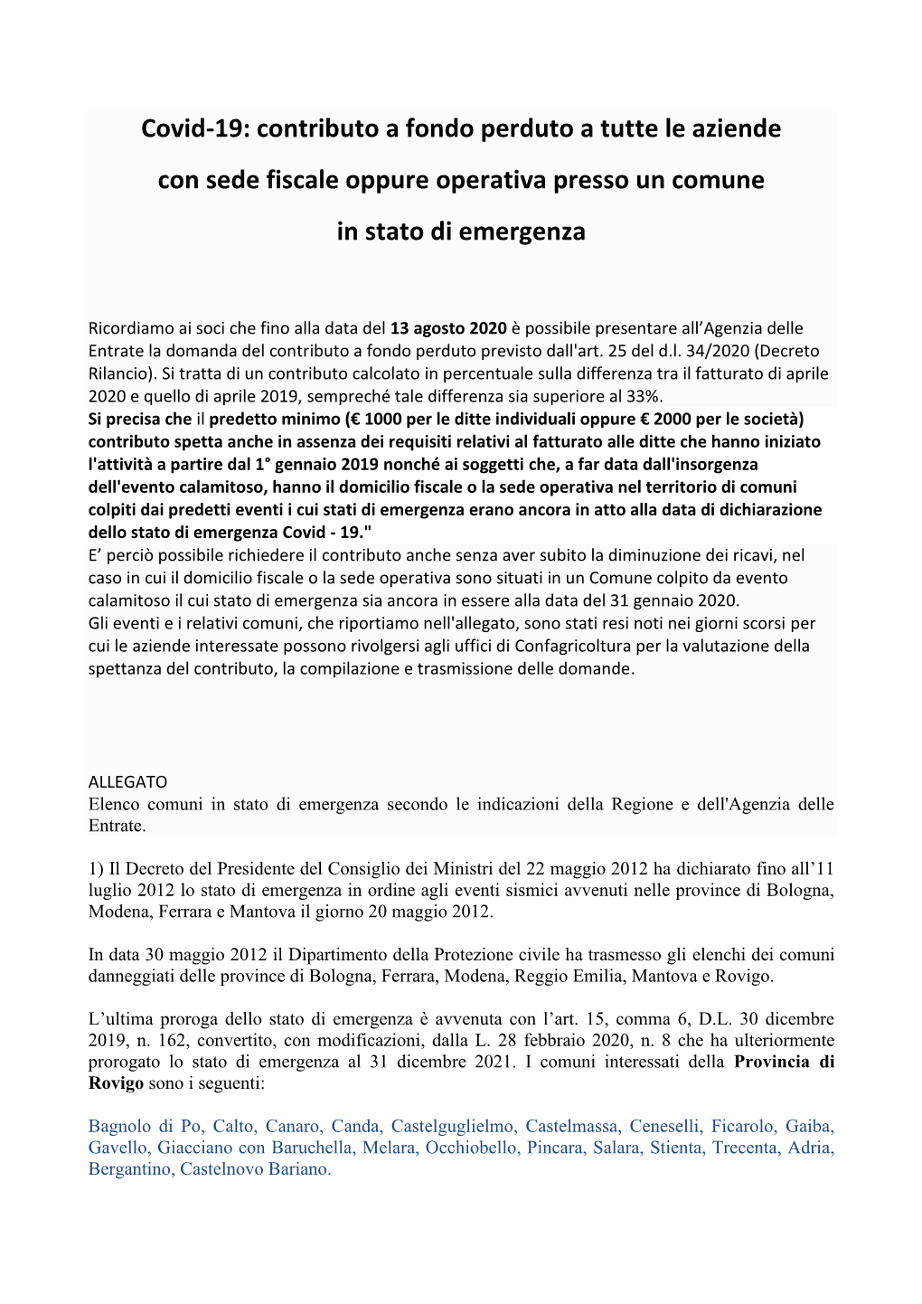 Covid-19: Contributo a Fondo Perduto a Tutte Le Aziende Con Sede Fiscale Oppure Operativa Presso Un Comune in Stato Di Emergenza