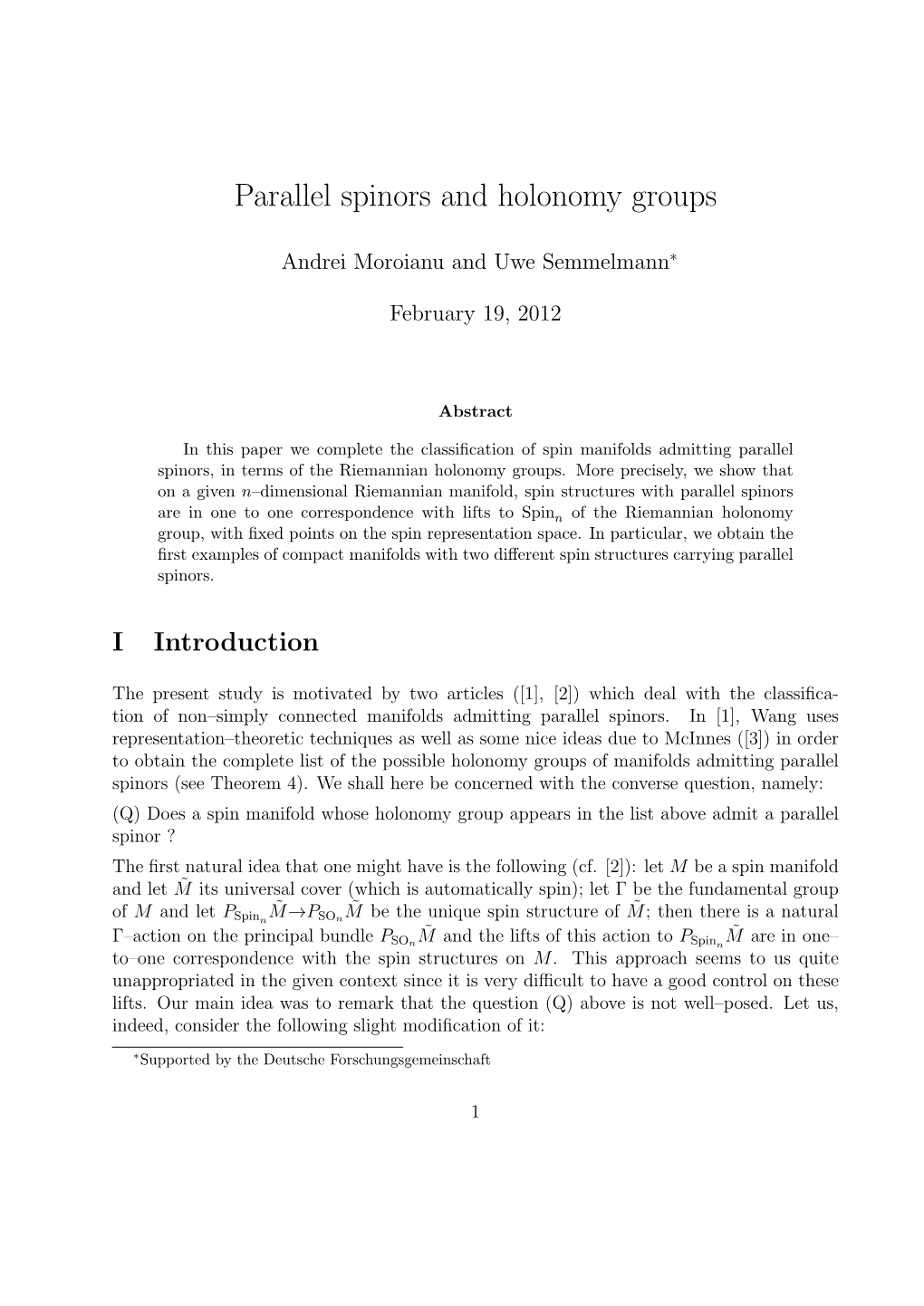 Parallel Spinors and Holonomy Groups