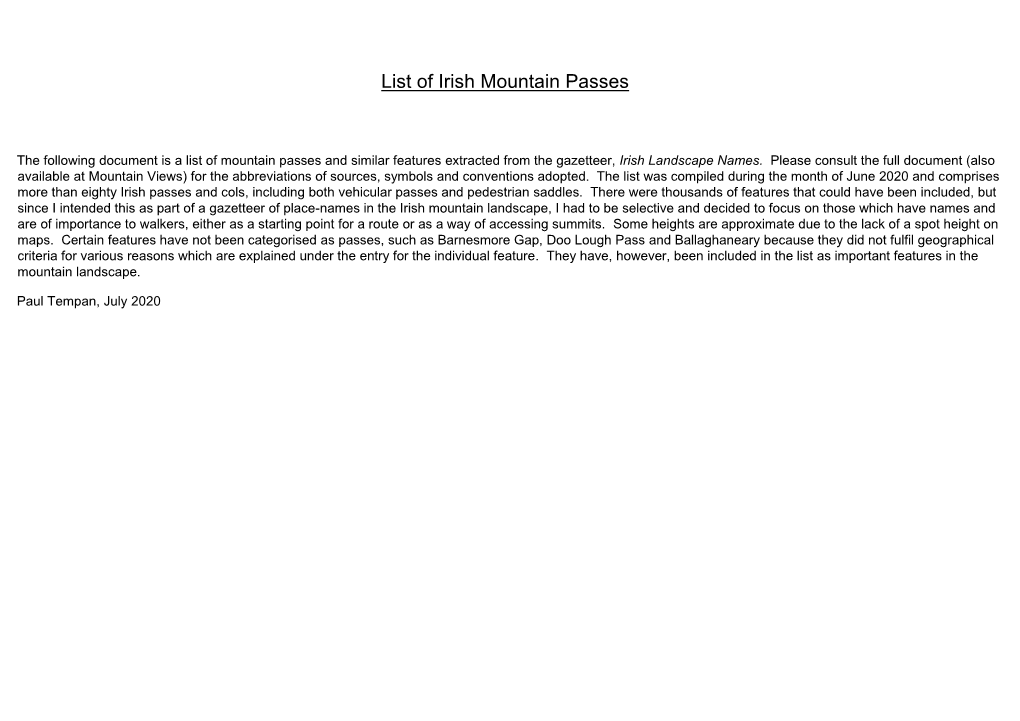 List of Irish Mountain Passes