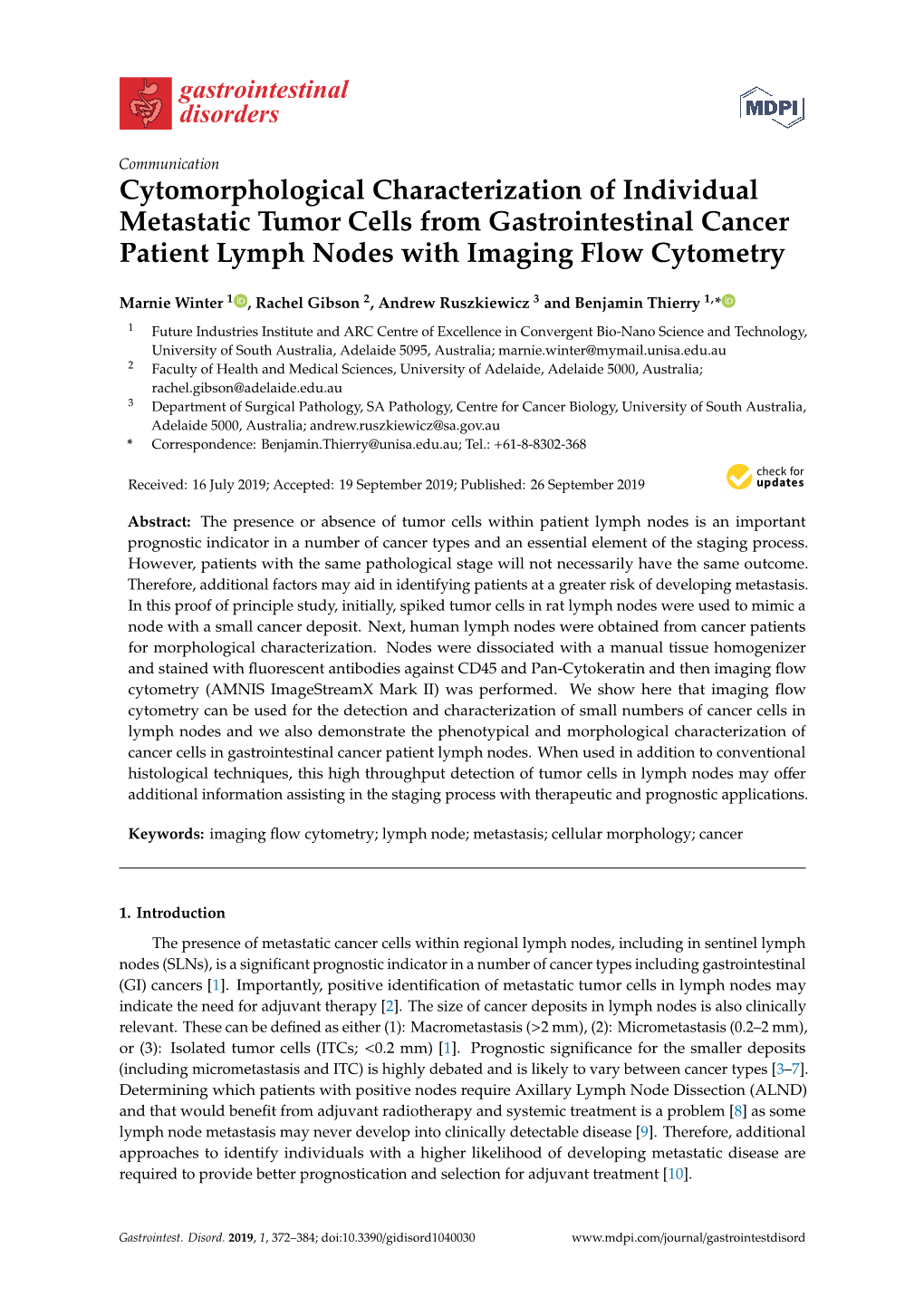 Cytomorphological Characterization of Individual Metastatic Tumor Cells from Gastrointestinal Cancer Patient Lymph Nodes with Imaging Flow Cytometry