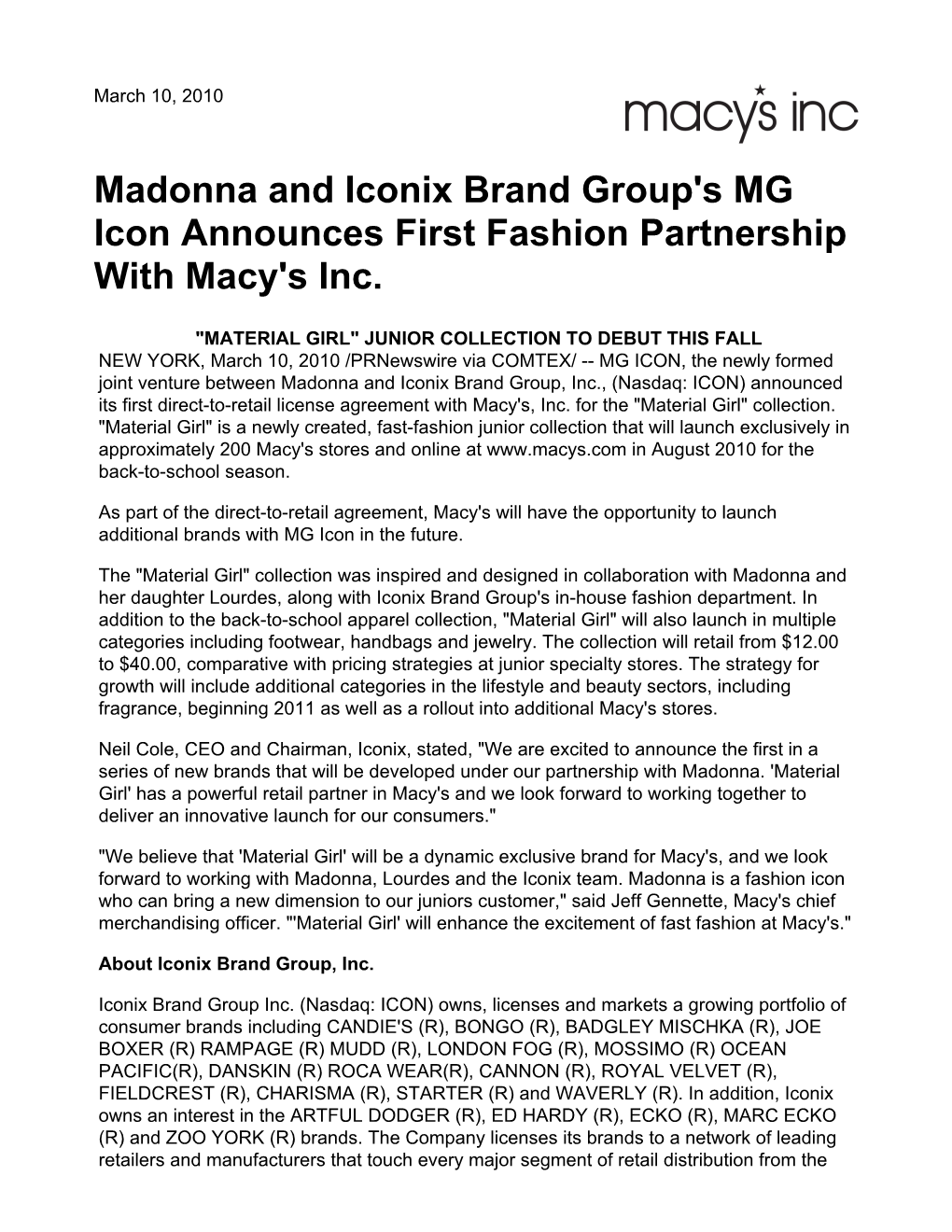 Madonna and Iconix Brand Group's MG Icon Announces First Fashion Partnership with Macy's Inc