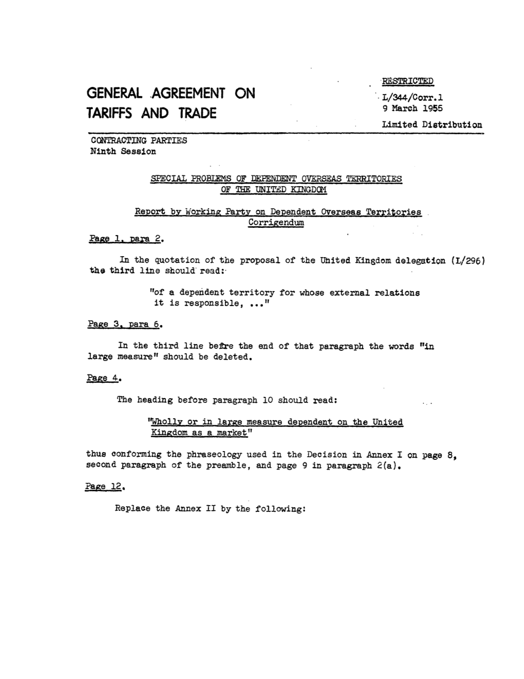 GENERAL AGREEMENT on L/344/Corr.1 9 March 1955