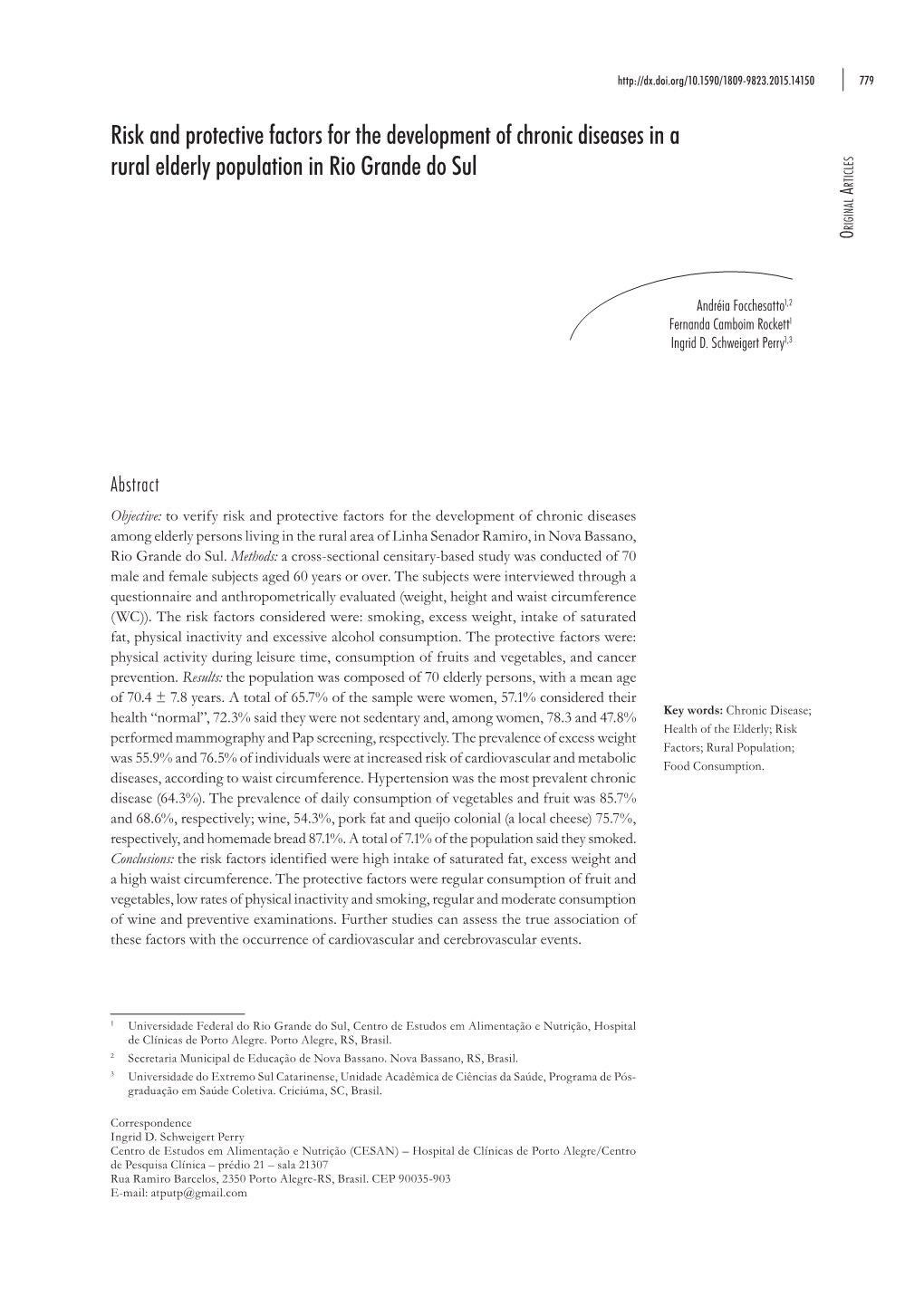 Risk and Protective Factors for the Development of Chronic Diseases in a Rural Elderly Population in Rio Grande Do Sul Rticles A