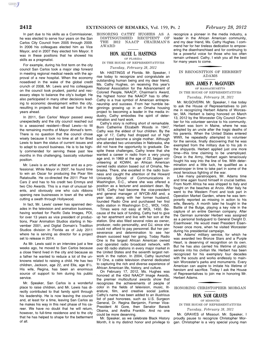 2412 HON. ALCEE L. HASTINGS HON. JAMES P. Mcgovern HON. SAM GRAVES