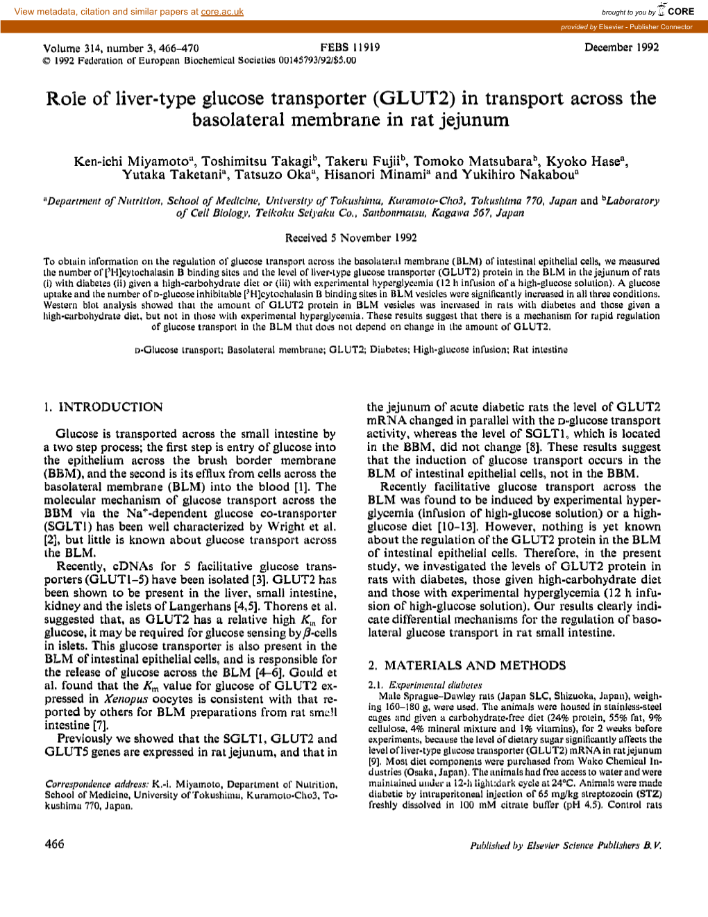 (GLUT2) in Transport Across the Basolateral Membrane in Rat Jejunum