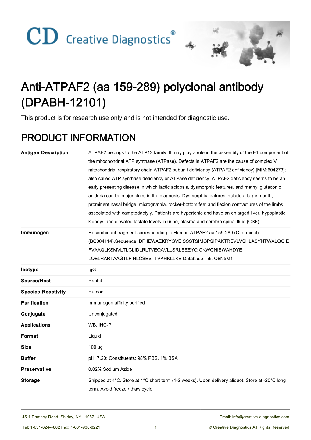 Anti-ATPAF2 (Aa 159-289) Polyclonal Antibody (DPABH-12101) This Product Is for Research Use Only and Is Not Intended for Diagnostic Use