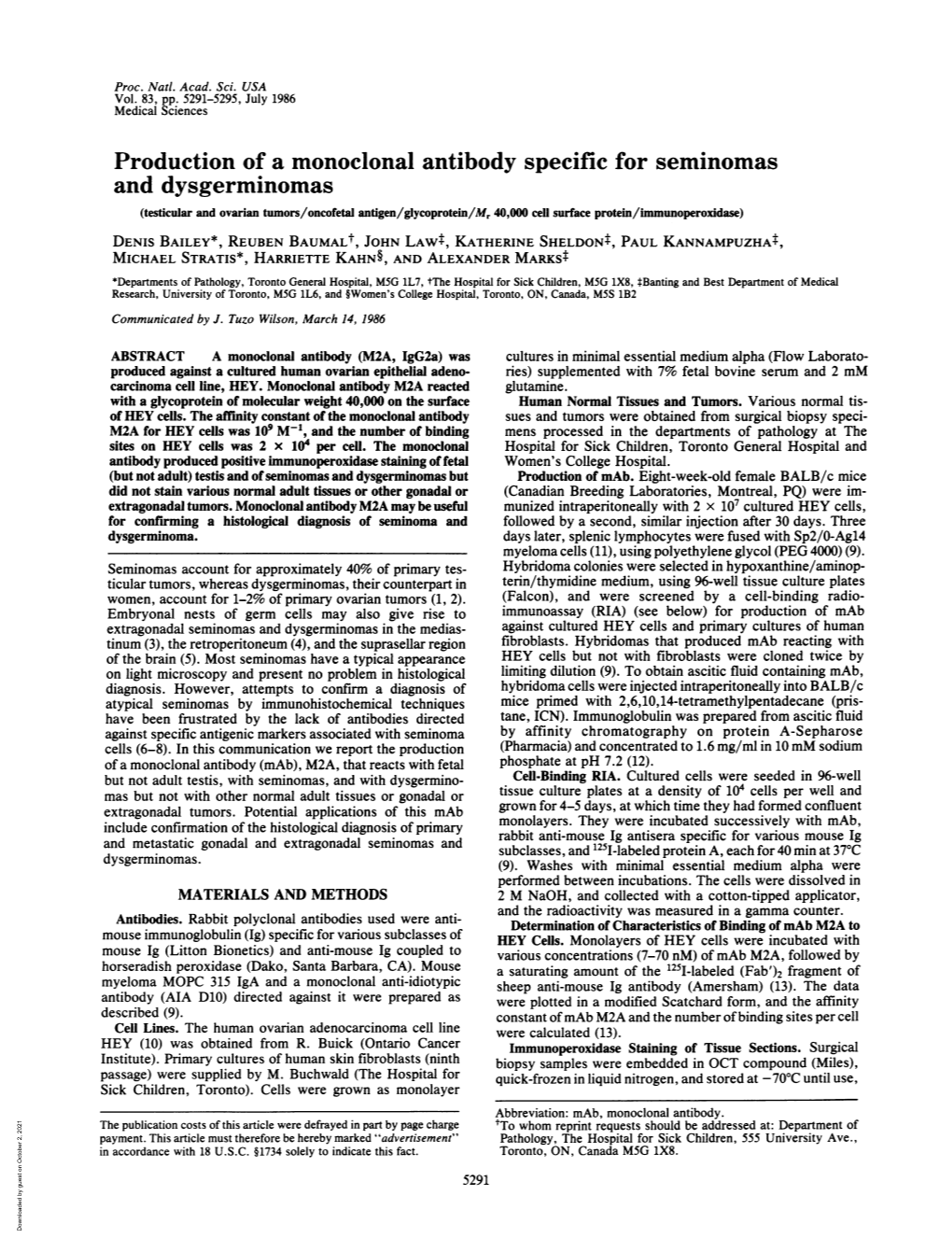 Production of a Monoclonal Antibody Specific for Seminomas And