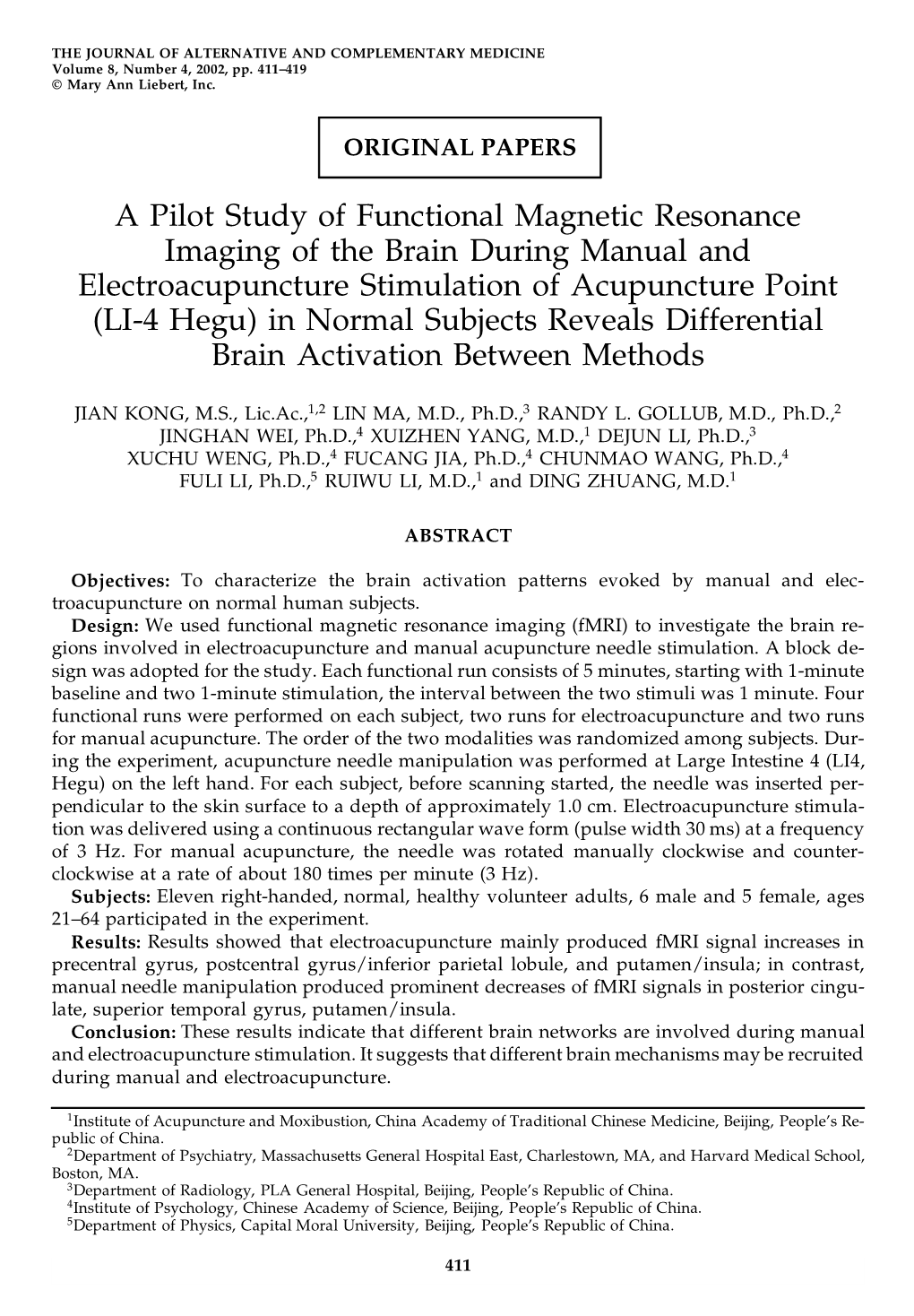 A Pilot Study of Functional Magnetic Resonance