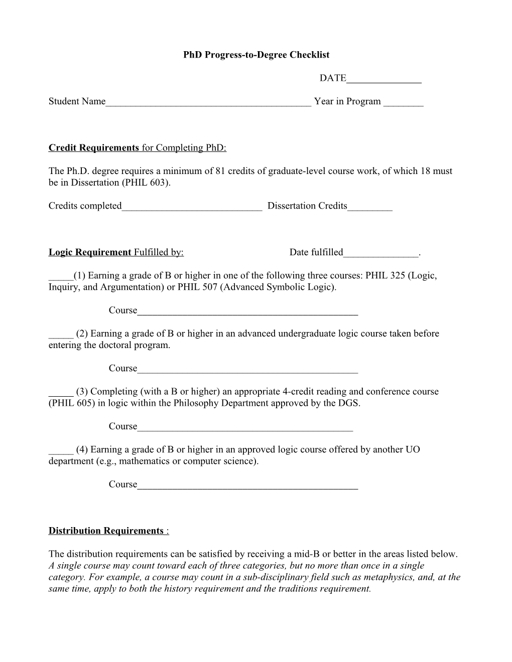 Phd Progress-To-Degree Checklist (Entering Fall 2009 Or After)