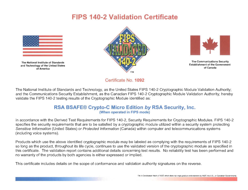 FIPS 140-2 Validation Certificate No. 1092