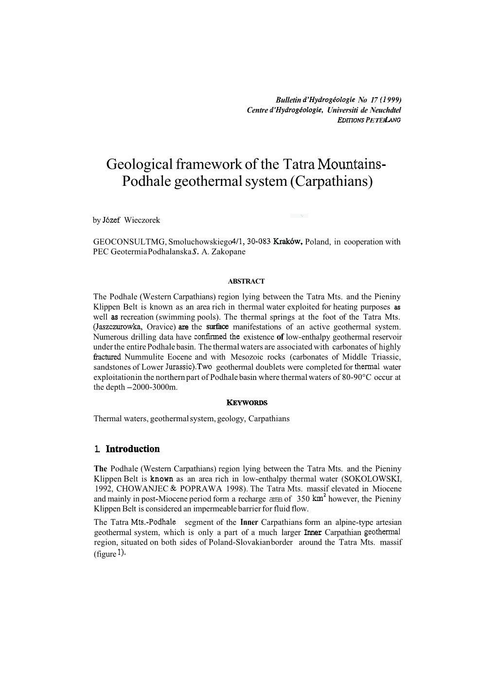 Geological Framework of the Tatra Mountains- Podhale Geothermal System (Carpathians)