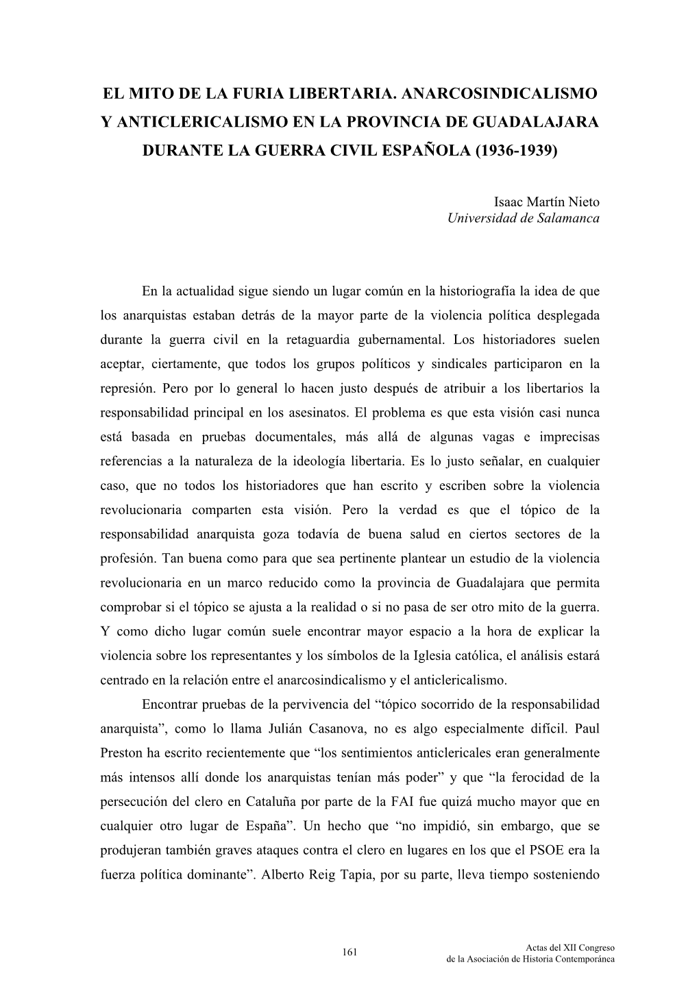 El Mito De La Furia Libertaria. Anarcosindicalismo Y Anticlericalismo En La Provincia De Guadalajara Durante La Guerra Civil Española (1936-1939)