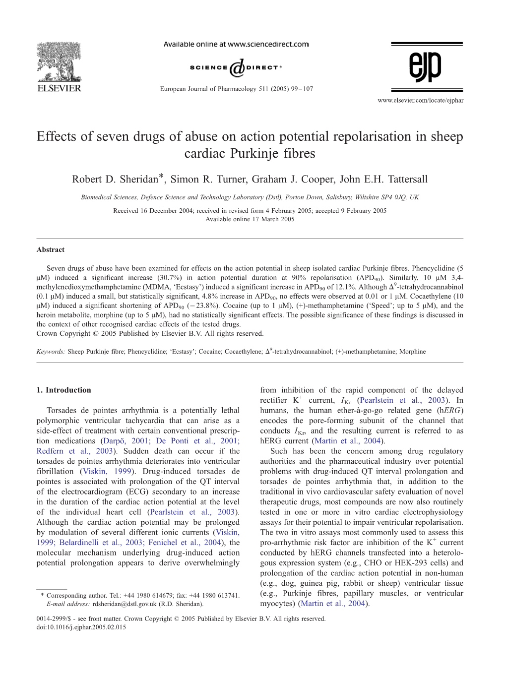 Effects of Seven Drugs of Abuse on Action Potential Repolarisation in Sheep Cardiac Purkinje Fibres