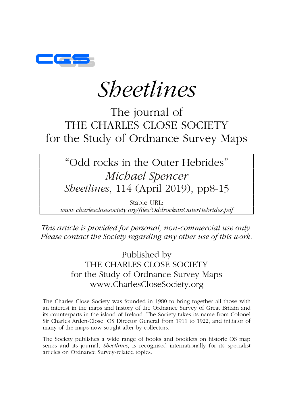 Odd Rocks in the Outer Hebrides” Michael Spencer Sheetlines, 114 (April 2019), Pp8-15 Stable URL