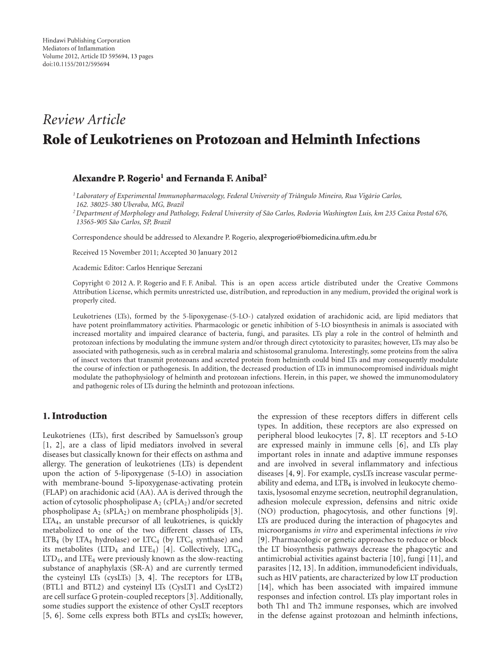 Role of Leukotrienes on Protozoan and Helminth Infections