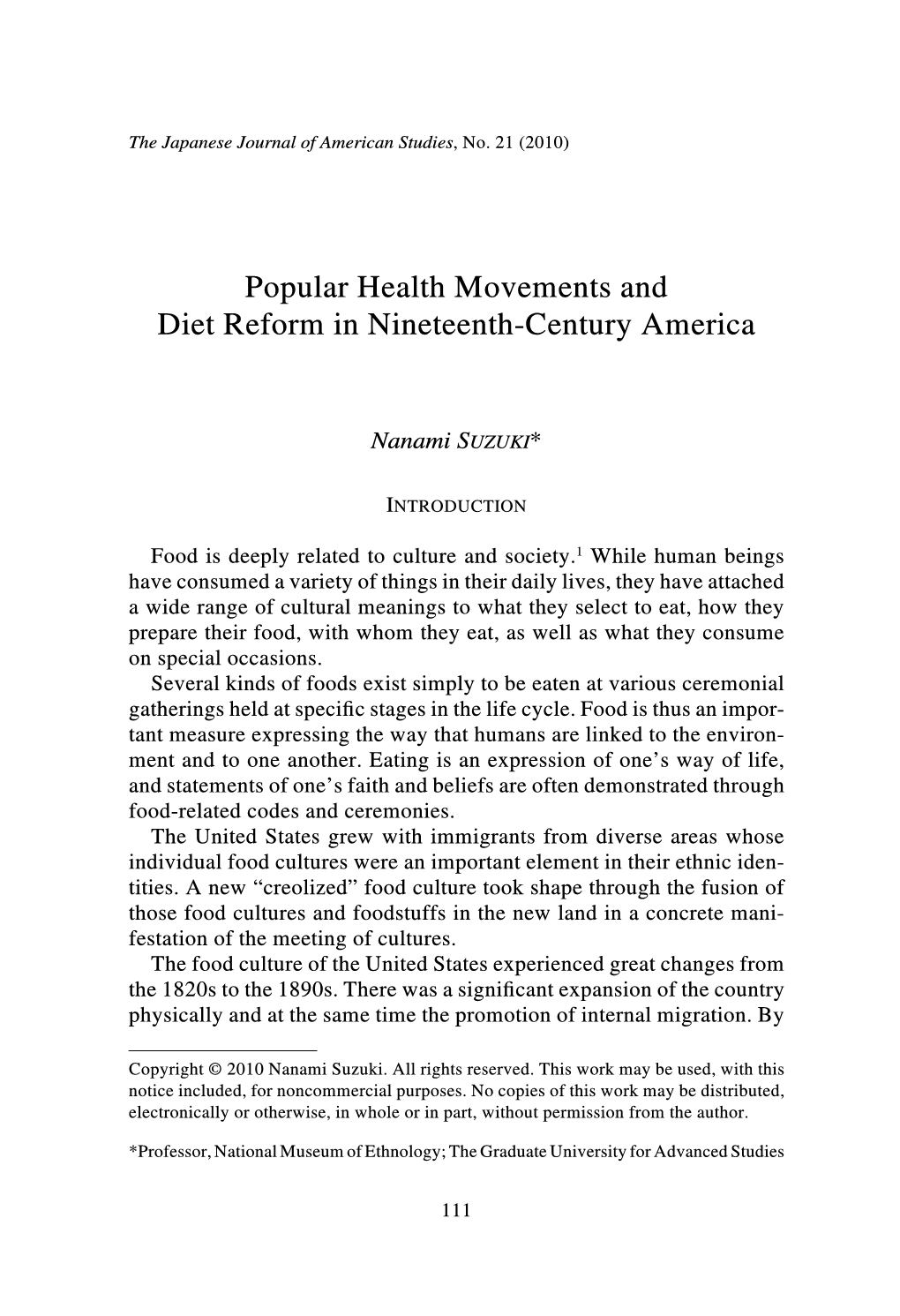 Popular Health Movements and Diet Reform in Nineteenth-Century America