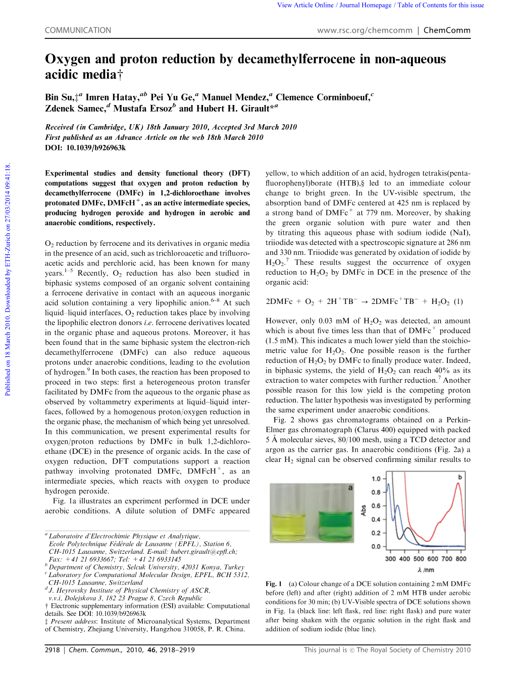 Oxygen and Proton Reduction by Decamethylferrocene in Non-Aqueous Acidic Mediaw