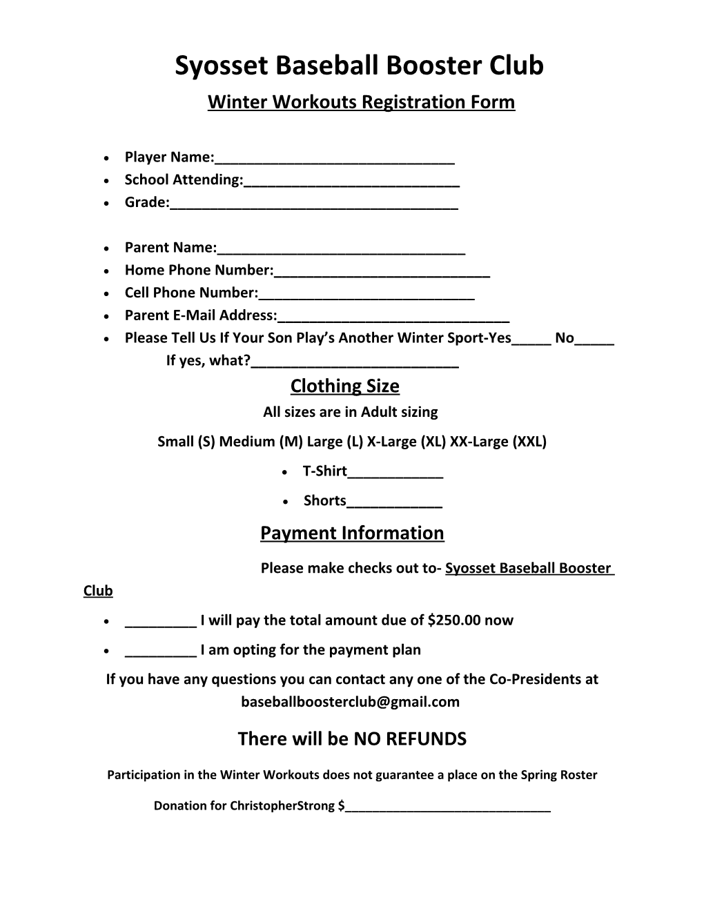 Winter Workouts Registration Form