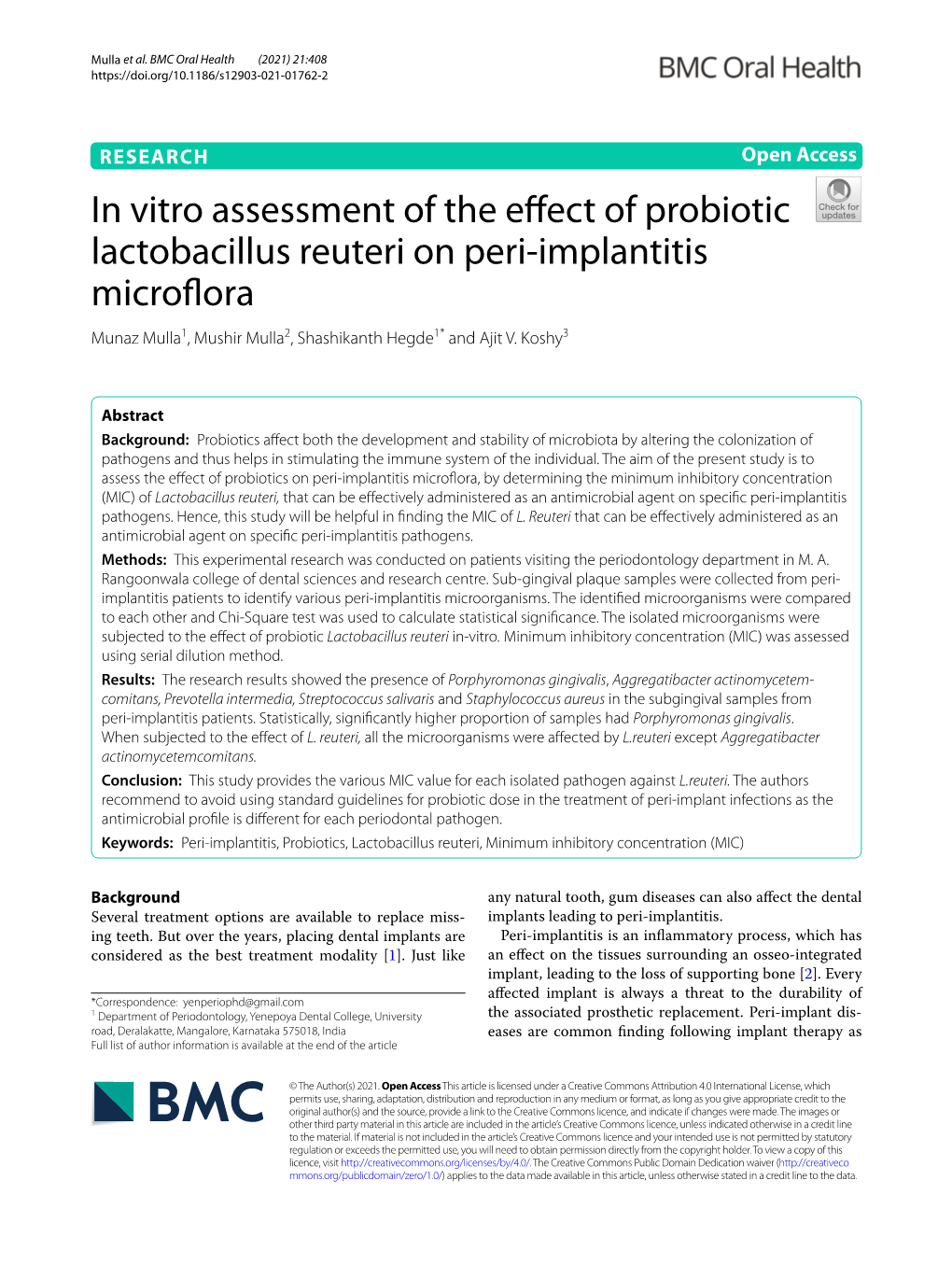 In Vitro Assessment of the Effect of Probiotic Lactobacillus Reuteri On