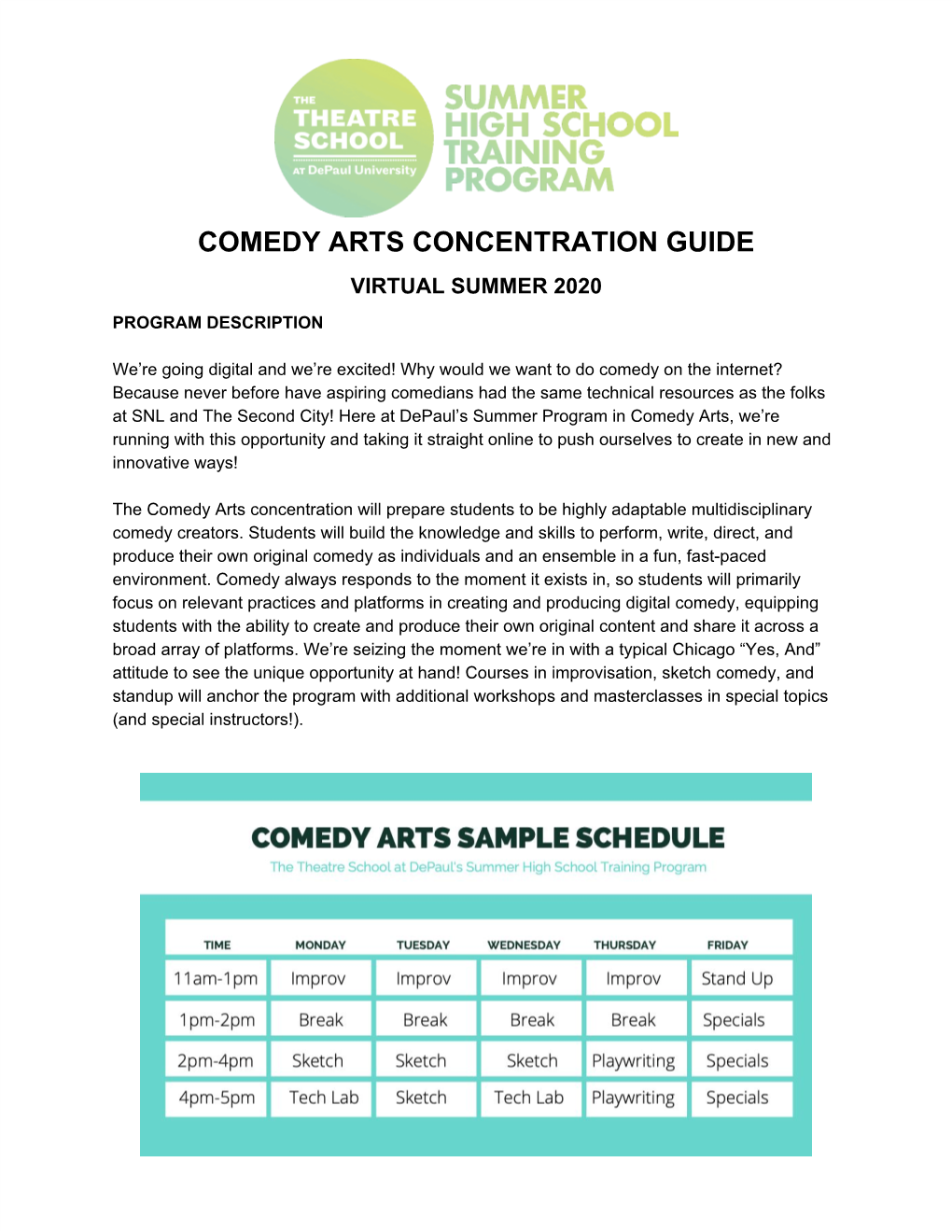 Comedy Arts Concentration Guide Virtual Summer 2020 Program Description