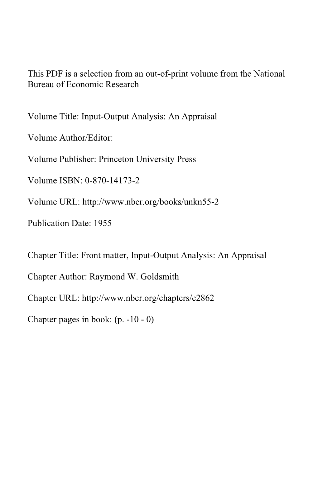 Front Matter, Input-Output Analysis: an Appraisal