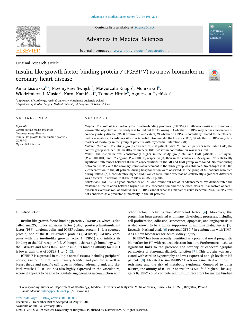 Insulin-Like Growth Factor-Binding Protein 7 (IGFBP 7) As a New