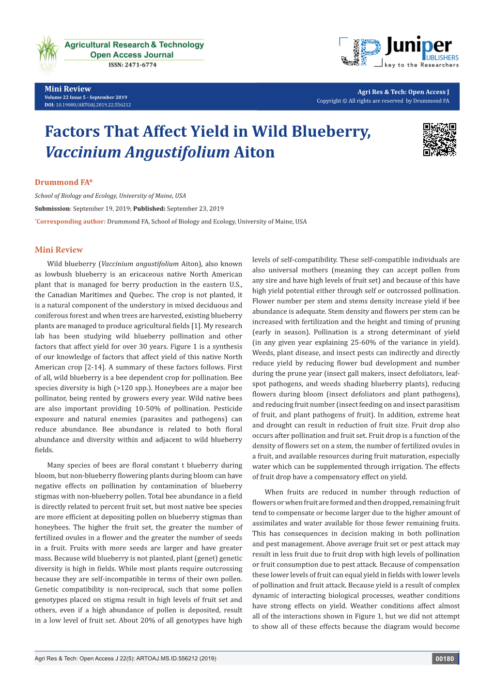 Factors That Affect Yield in Wild Blueberry, Vaccinium Angustifolium Aiton