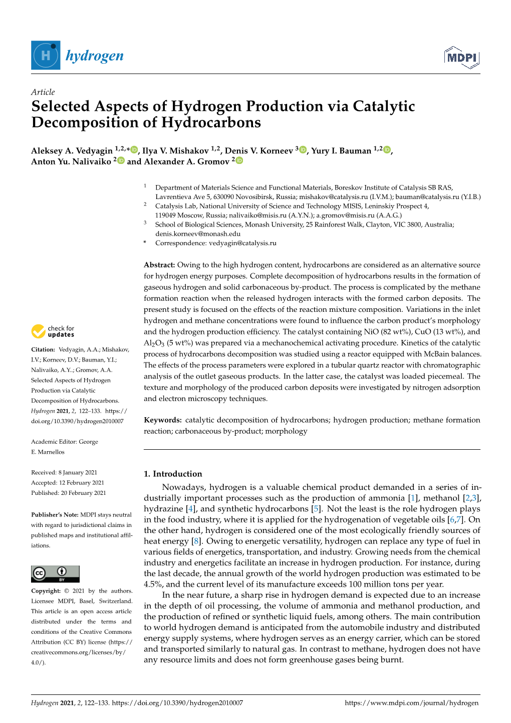 Selected Aspects of Hydrogen Production Via Catalytic Decomposition of Hydrocarbons