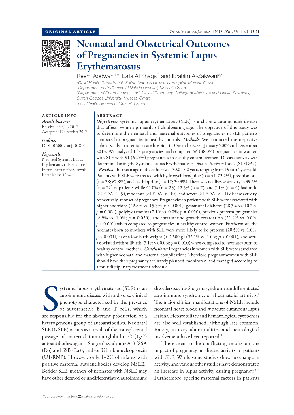 Neonatal and Obstetrical Outcomes of Pregnancies in Systemic Lupus