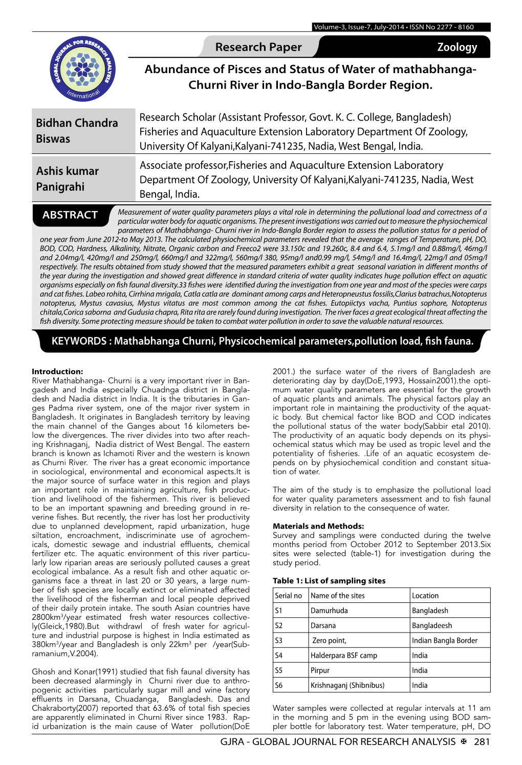 Research Paper Zoology Abundance of Pisces and Status of Water of Mathabhanga- Churni River in Indo-Bangla Border Region