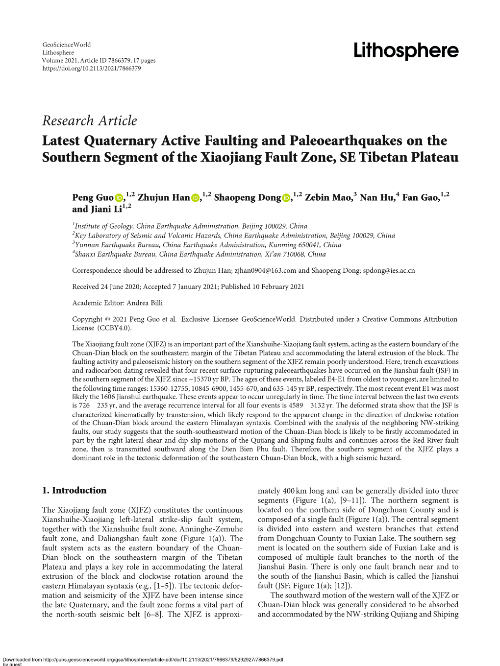 Pdf/Doi/10.2113/2021/7866379/5292927/7866379.Pdf by Guest on 02 October 2021 2 Lithosphere