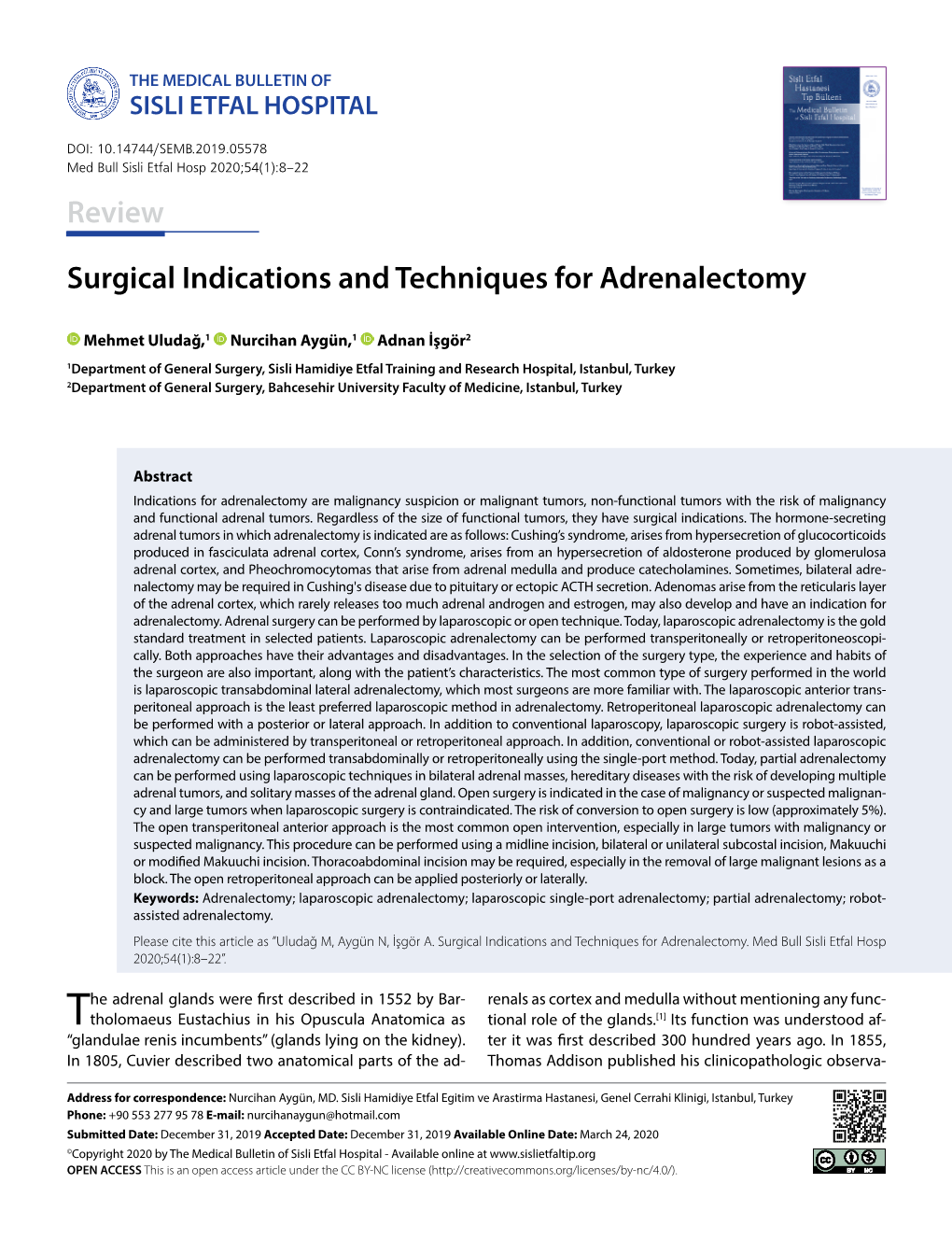 Surgical Indications and Techniques for Adrenalectomy Review