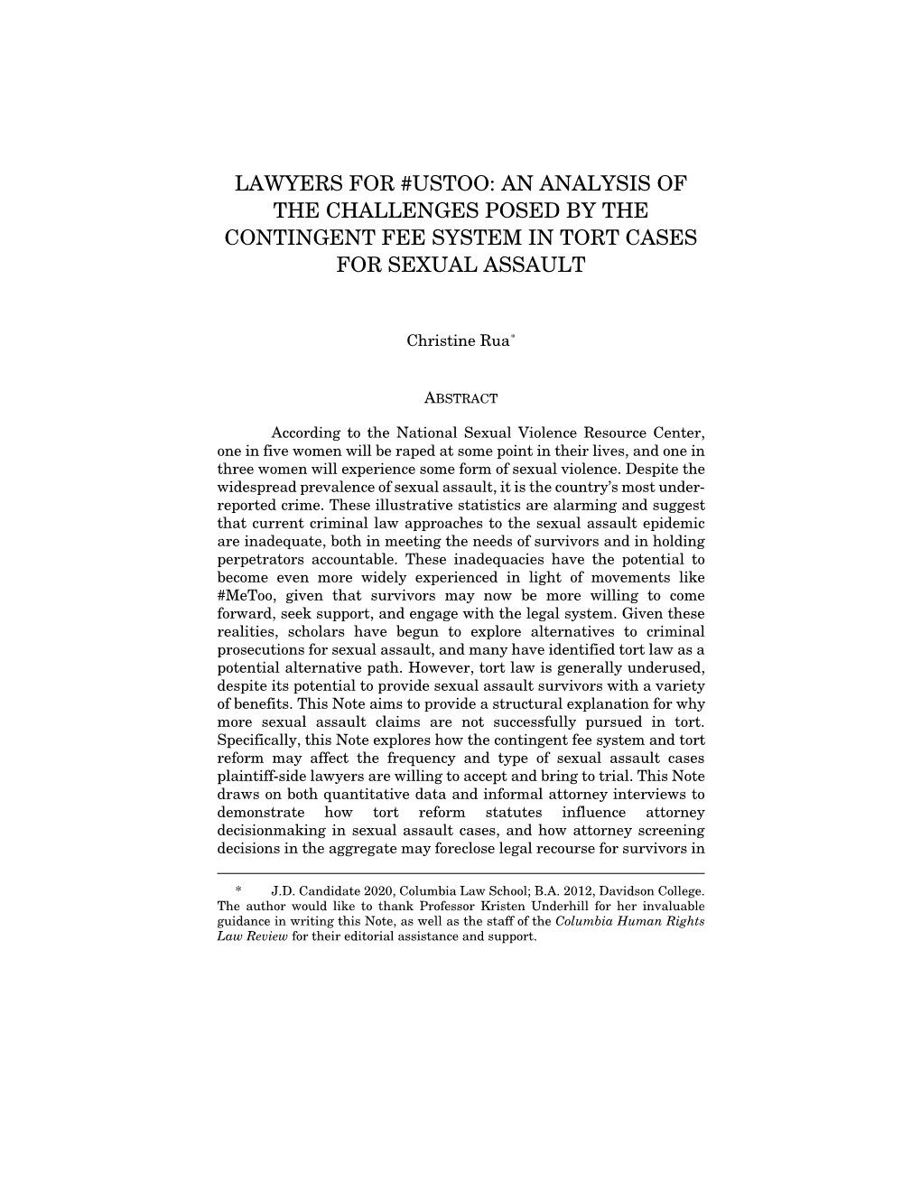 Lawyers for #Ustoo: an Analysis of the Challenges Posed by the Contingent Fee System in Tort Cases for Sexual Assault