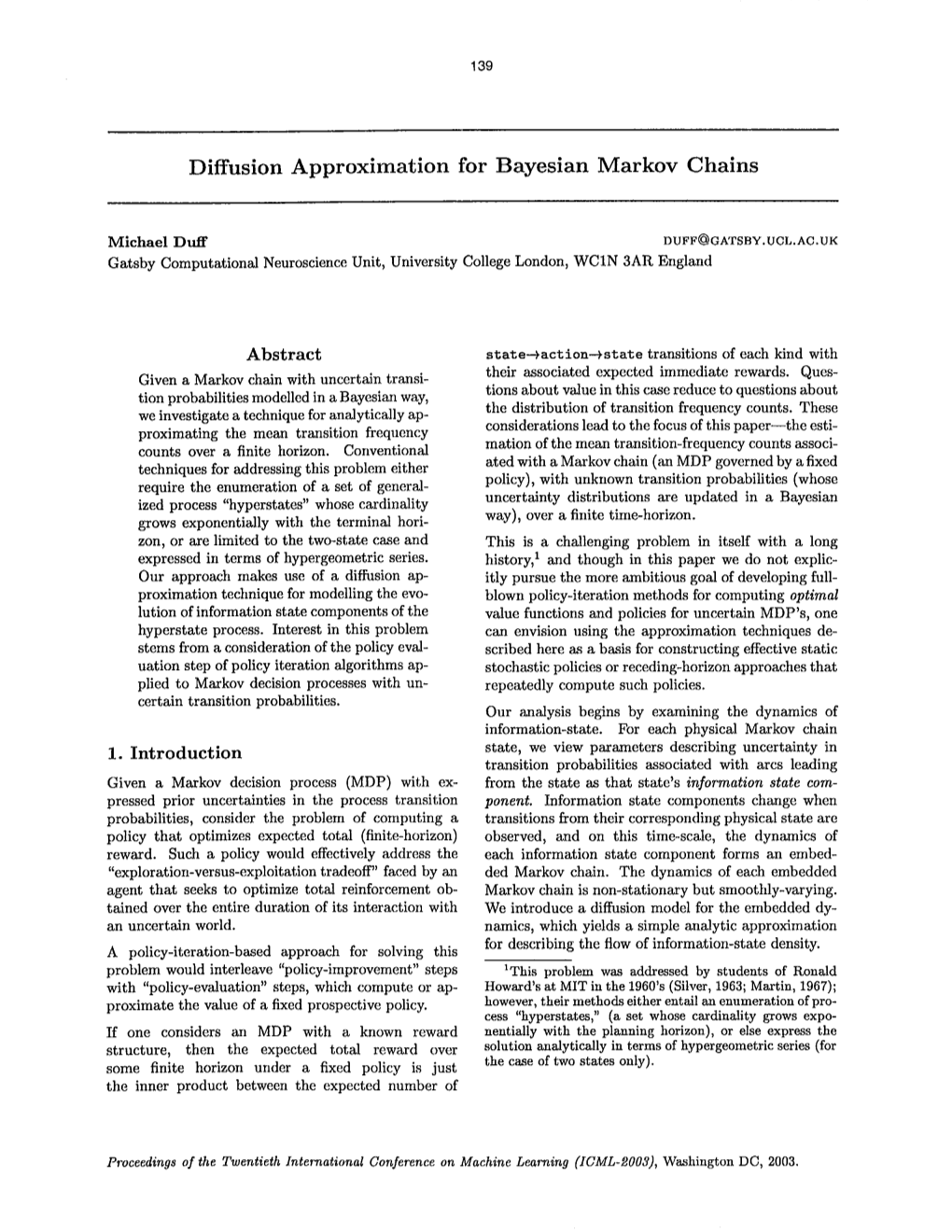Diffusion Approximation for Bayesian Markov Chains