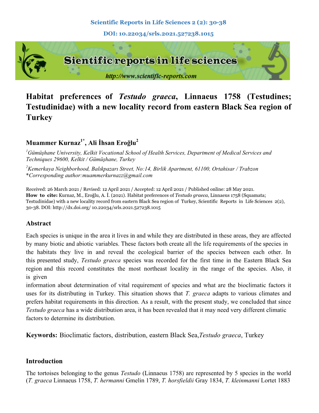 Habitat Preferences of Testudo Graeca , Linnaeus 1758