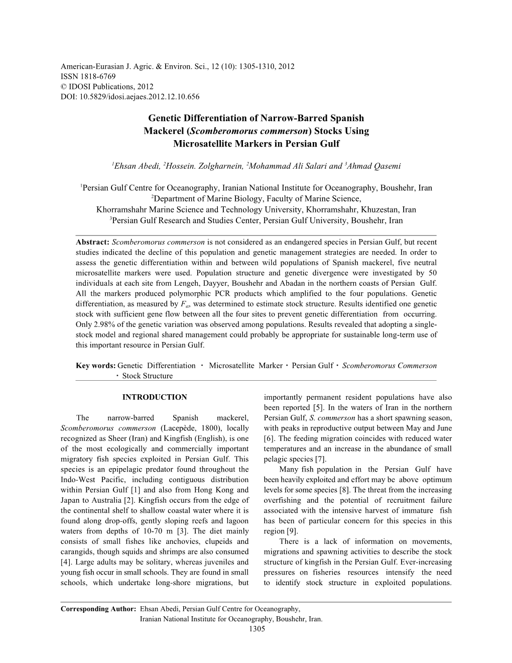 Scomberomorus Commerson) Stocks Using Microsatellite Markers in Persian Gulf