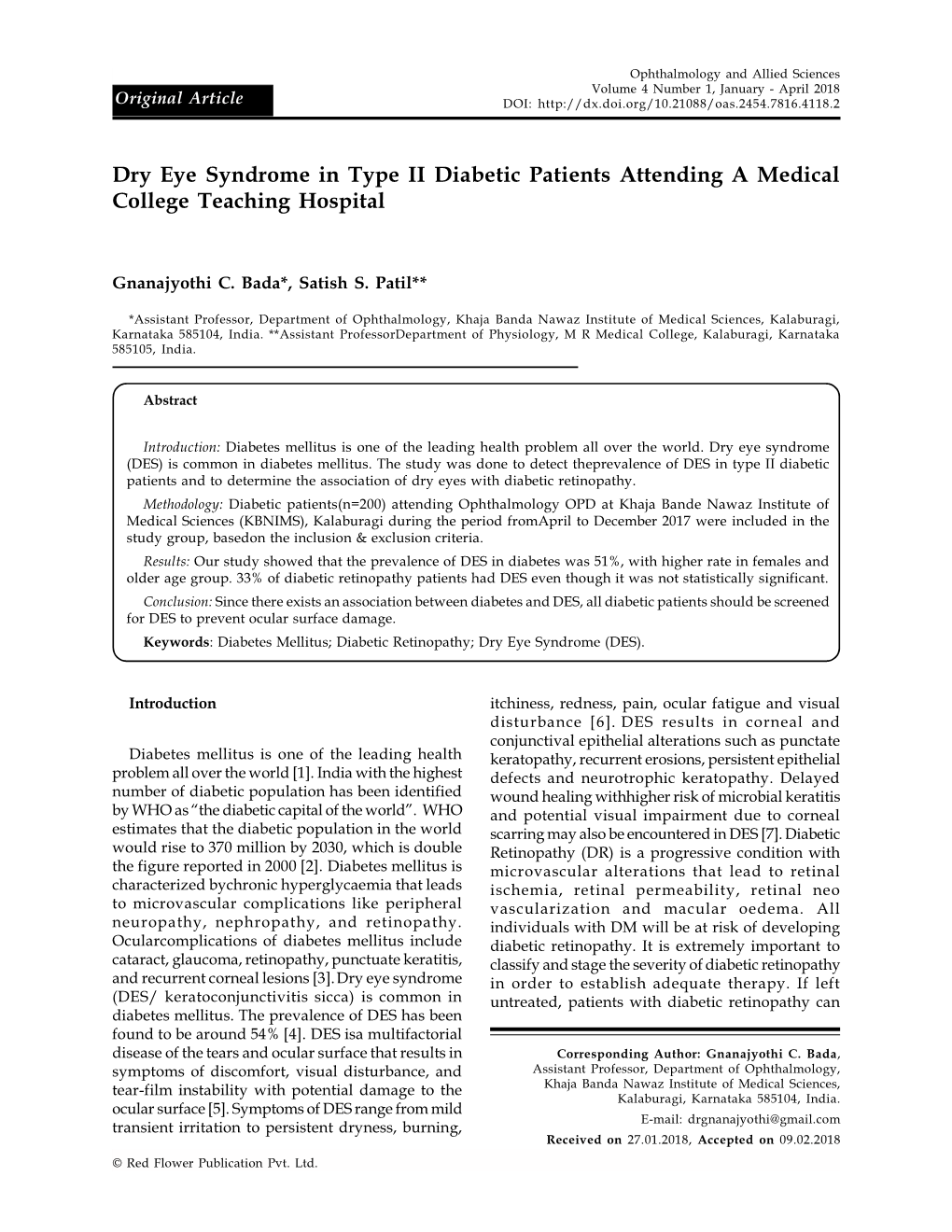 Dry Eye Syndrome in Type II Diabetic Patients Attending a Medical College Teaching Hospital