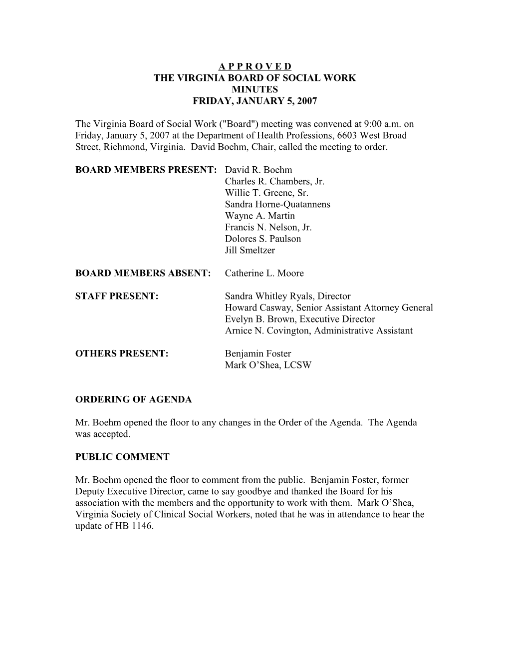 Social Work - Approved Board Meeting Minutes - January 5, 2007