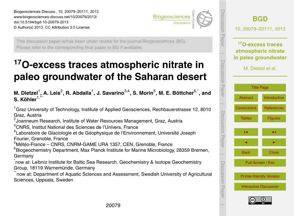 17O-Excess Traces Atmospheric Nitrate in Paleo Groundwater