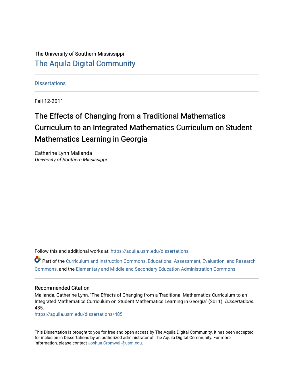 The Effects of Changing from a Traditional Mathematics Curriculum to an Integrated Mathematics Curriculum on Student Mathematics Learning in Georgia