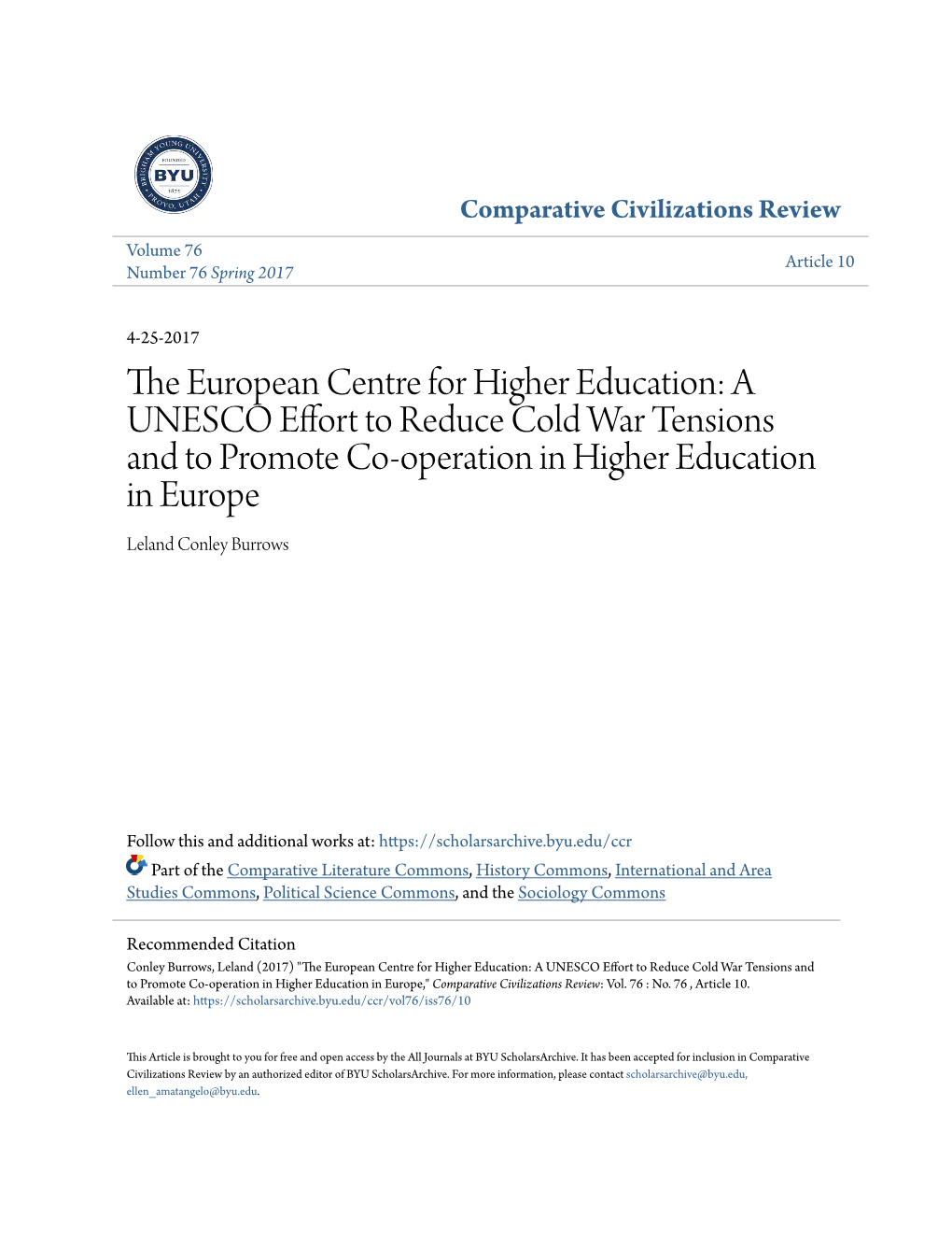 The European Centre for Higher Education: a UNESCO Effort to Red 70 Number 76, Spring 2017