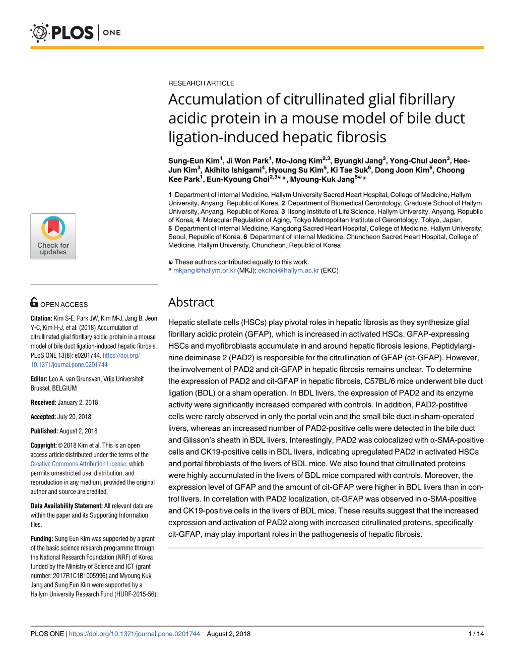 Accumulation of Citrullinated Glial Fibrillary Acidic Protein in a Mouse Model of Bile Duct Ligation-Induced Hepatic Fibrosis